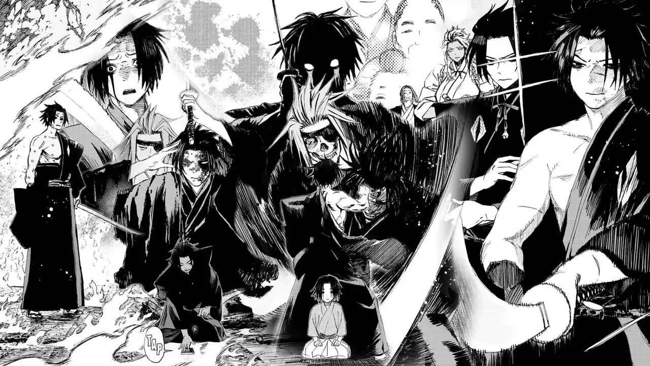Collage en blanco y negro de Shugen en el manga de Hell’s Paradise, mostrando diferentes poses con su espada y expresiones serias