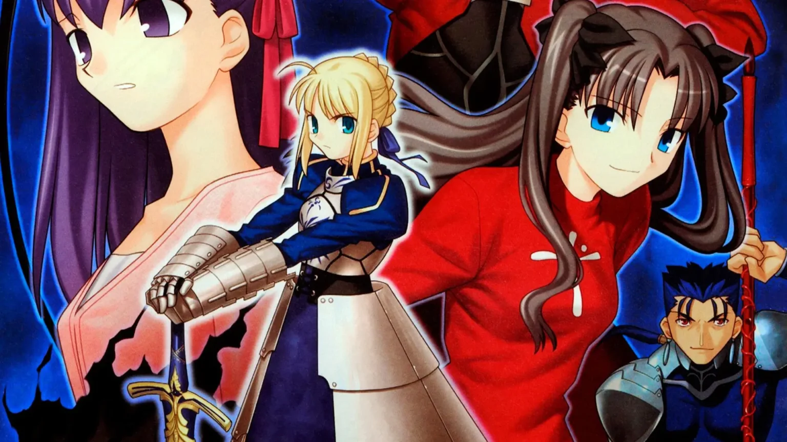 Ilustración clásica de Fate/stay night con varios personajes principales