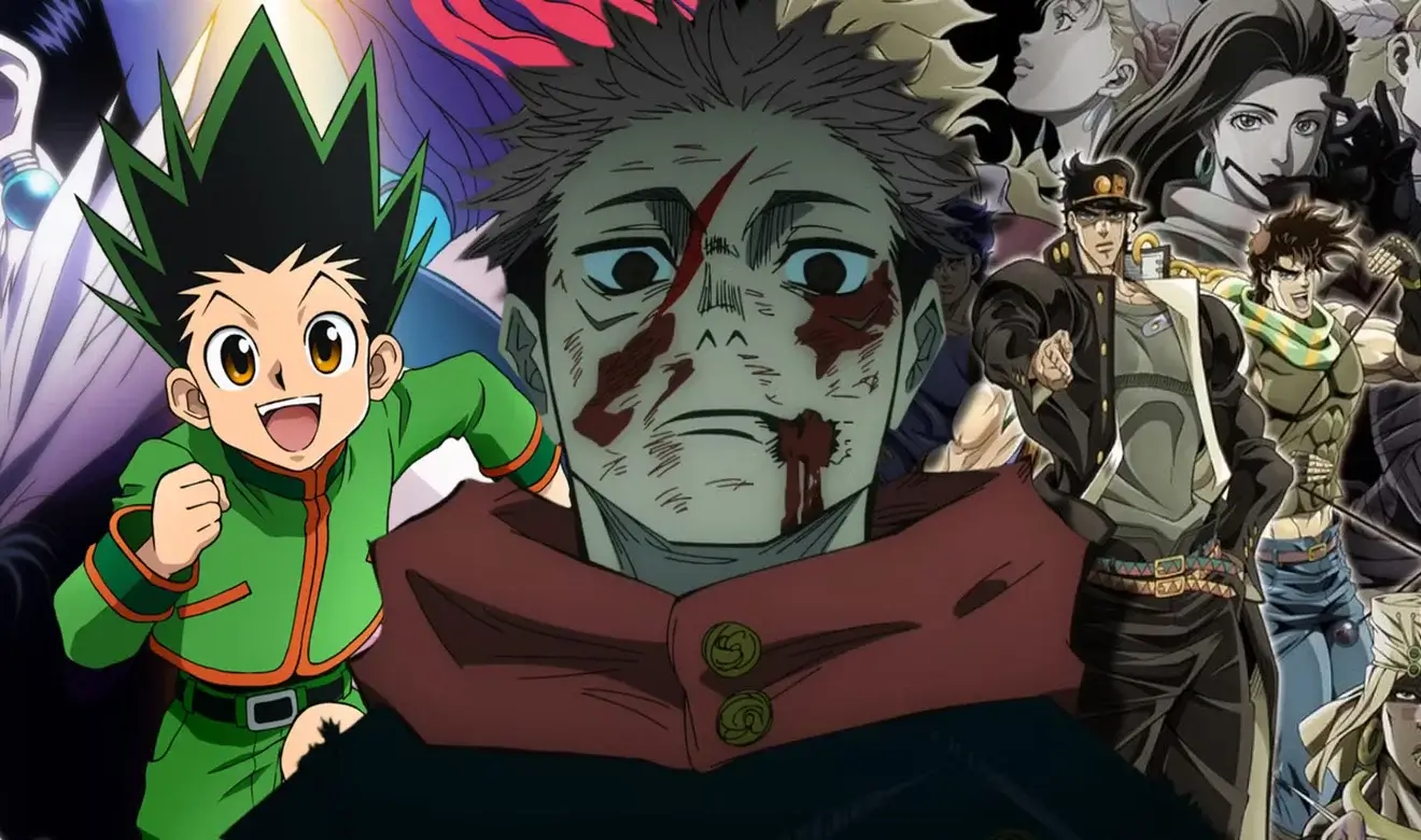 Collage de animes Shonen de acción con personajes de Hunter x Hunter, JoJo’s Bizarre Adventure y Jujutsu Kaisen mostrando distintos estilos de combate y poderes