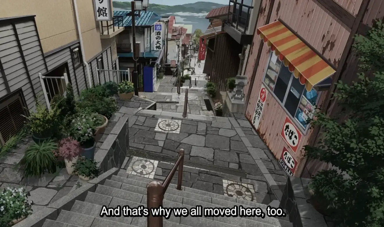 Escaleras de piedra en el anime Dandadan que recrean la famosa escalinata de Ikaho Onsen