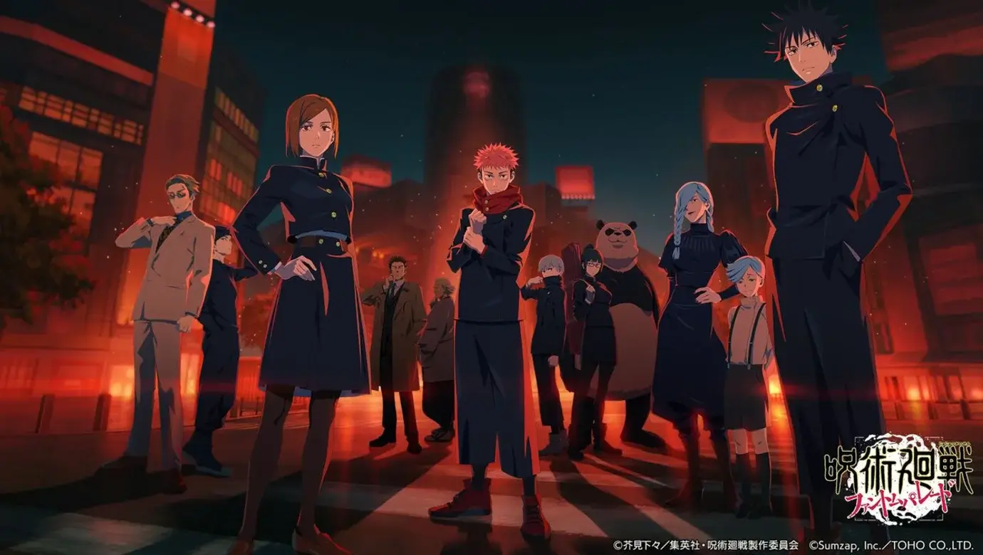 Arte oficial de Jujutsu Kaisen con los personajes principales en medio de Shibuya de noche durante el Incidente de Shibuya