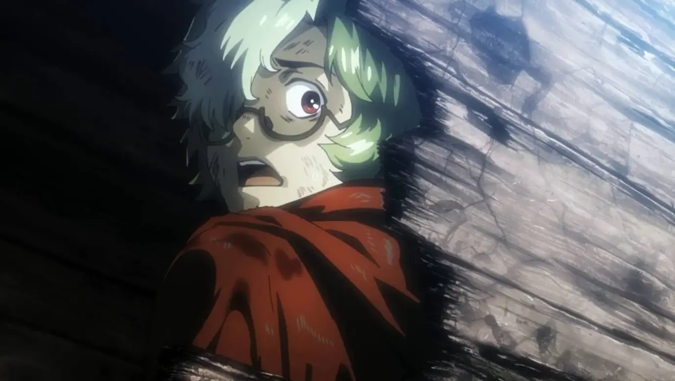 Personaje de Kabaneri of the Iron Fortress mirando asustado entre sombras