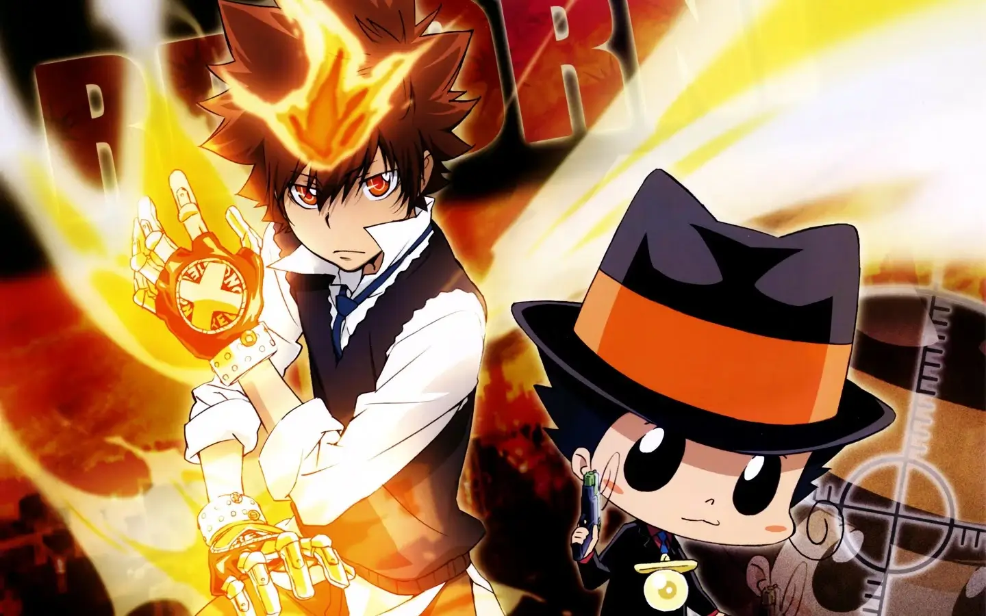 Tsuna y Reborn de Katekyo Hitman Reborn usando llamas y armas frente a un fondo ardiente