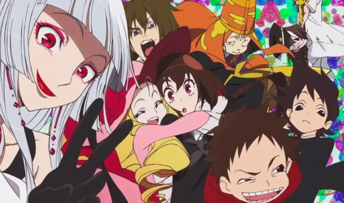 El reparto principal de Kyousougiga en una composición caótica y llena de colores