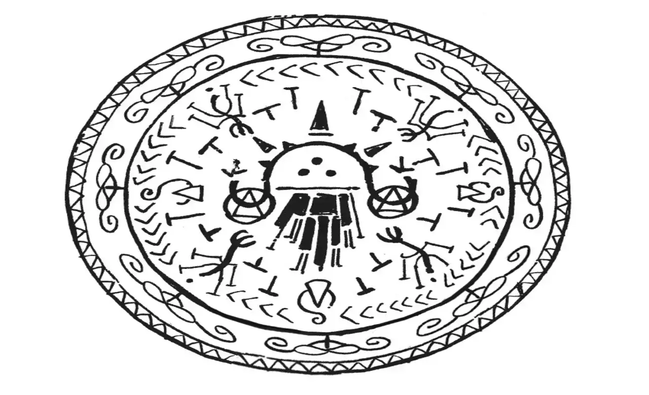 Círculo mágico complejo de Witch Hat Atelier, lleno de símbolos y runas decorativas alrededor de un dibujo central estilo sello.