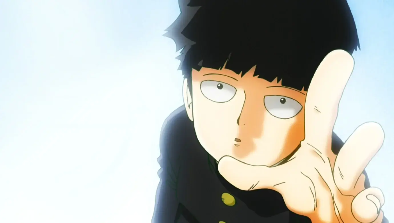 Personaje de Mob Psycho 100 extendiendo la mano hacia la pantalla, con fondo luminoso típico de las escenas de poder psíquico del anime