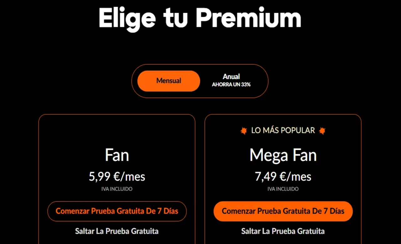 Pantalla de Crunchyroll con los planes Fan y Mega Fan y sus nuevos precios en España