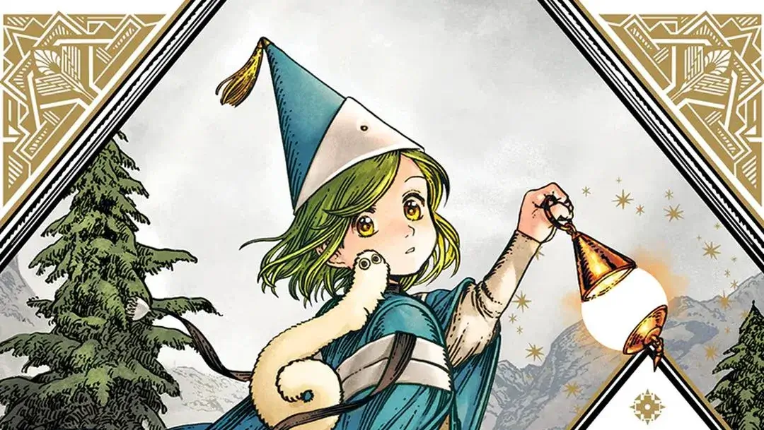 Portada ilustrada de Witch Hat Atelier con una joven maga de pelo verde sosteniendo una lámpara mágica colgante en un paisaje de montañas y bosques.