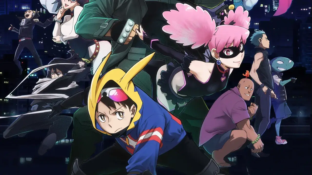 Póster promocional de My Hero Academia: Vigilantes con The Crawler, Pop Step, Knuckleduster y otros héroes ilegales