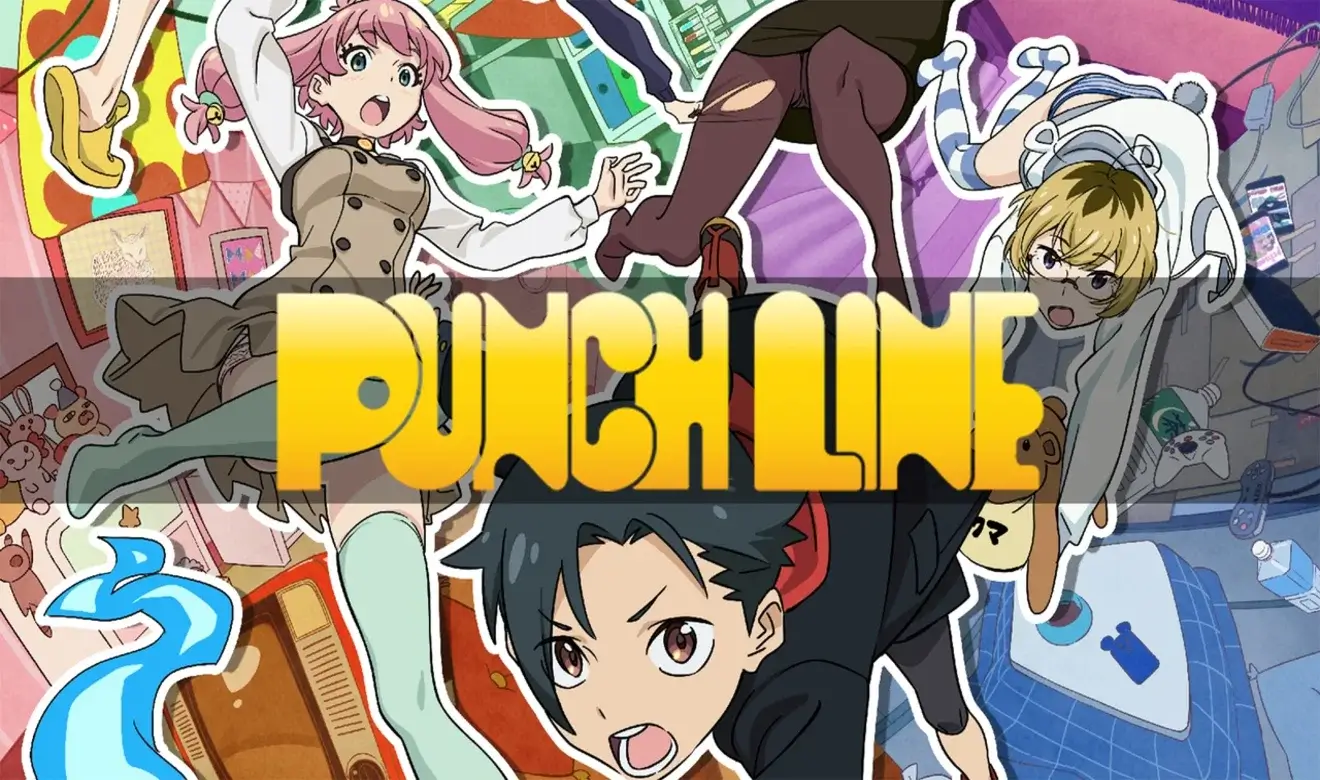 Personajes de Punch Line flotando en una habitación caótica con el logo del anime en el centro