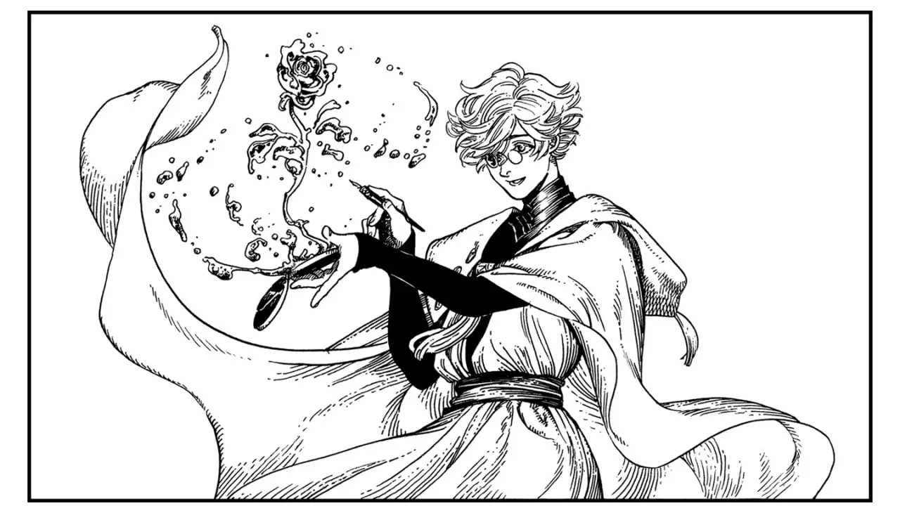Viñeta en blanco y negro de Witch Hat Atelier con un mago usando una pluma para dibujar un hechizo que se transforma en una rosa de agua en el aire.
