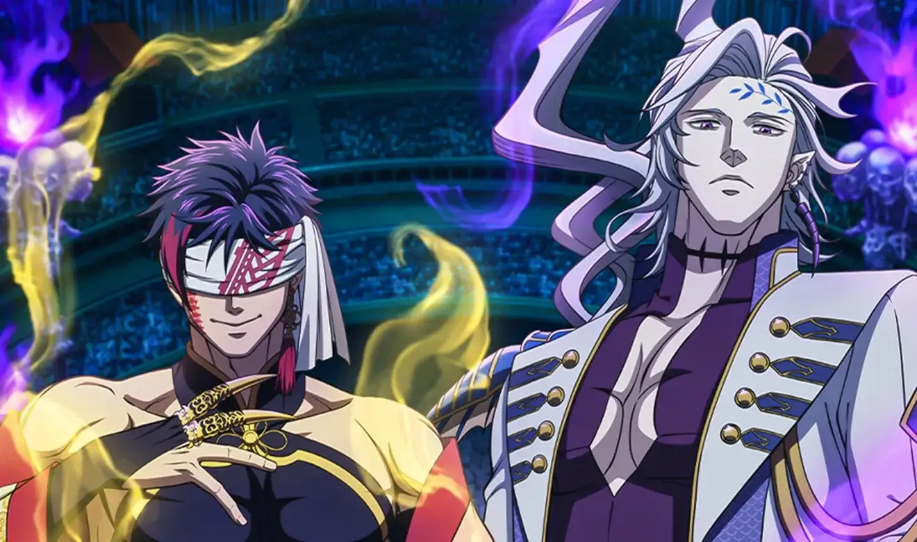 Personajes divinos rodeados de llamas moradas en Record of Ragnarok, el anime de batallas entre dioses y humanos en Netflix