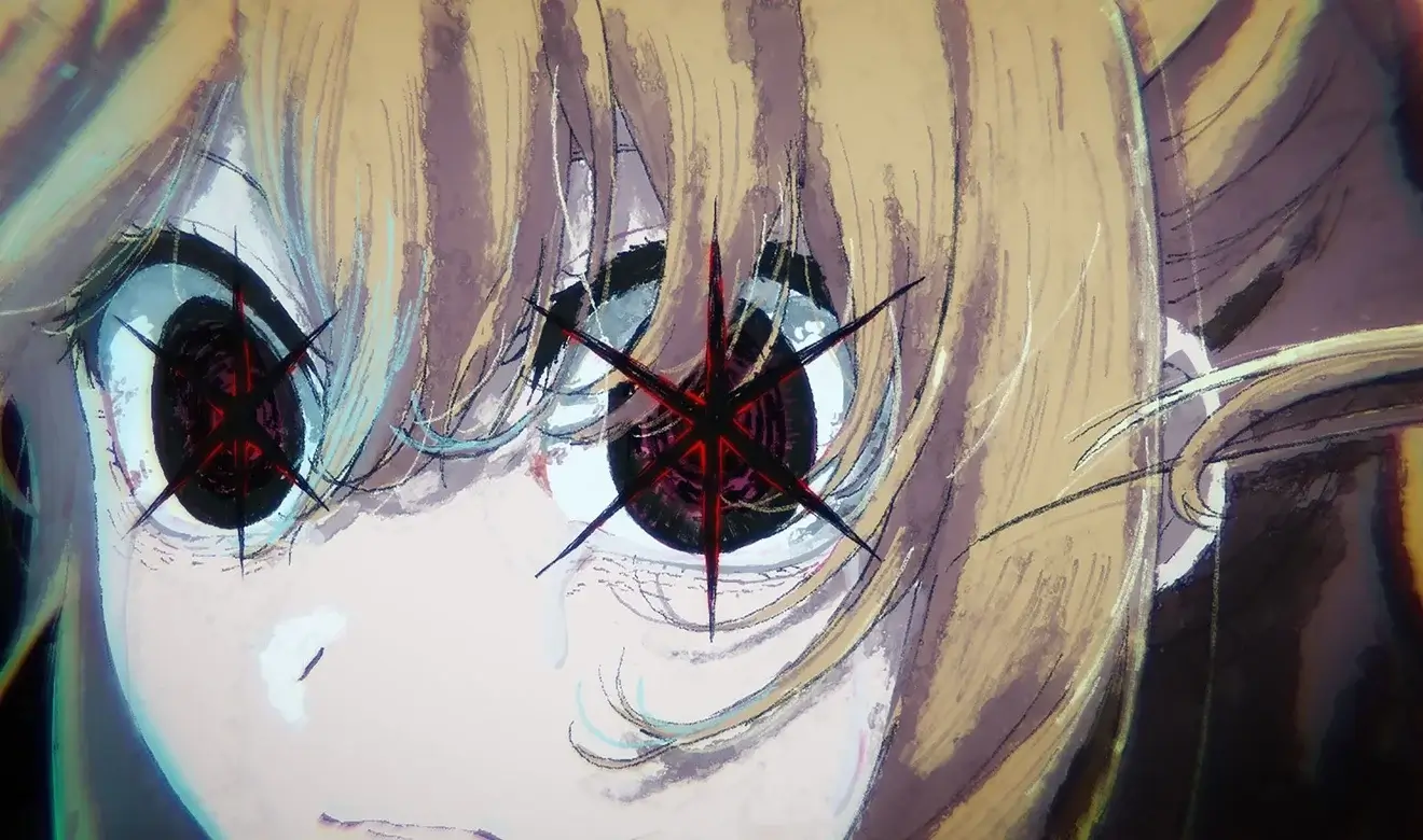 Primer plano intenso de Ruby de Oshi no Ko con ojos brillantes
