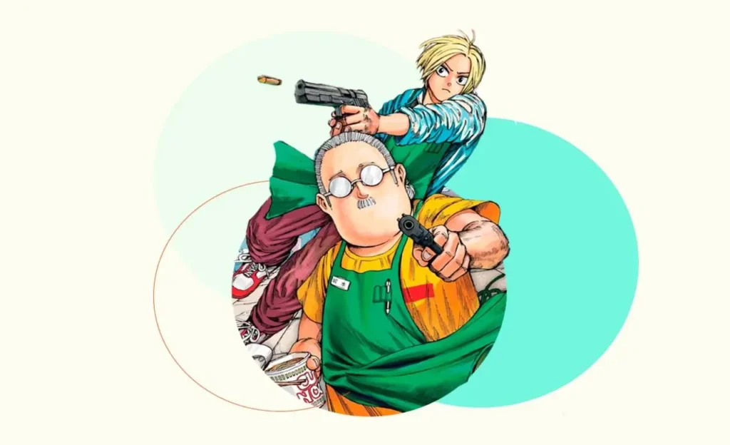 Ilustración promocional de Sakamoto Days con el protagonista y su compañero apuntando con pistolas