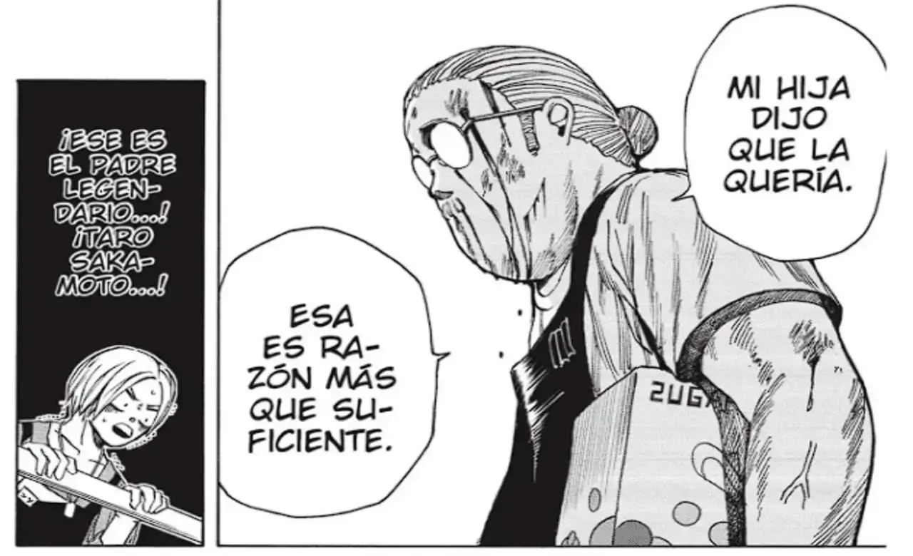 Sakamoto ensangrentado sosteniendo la mochila de su hija en el capítulo Guerra en los Grandes Almacenes del manga Sakamoto Days