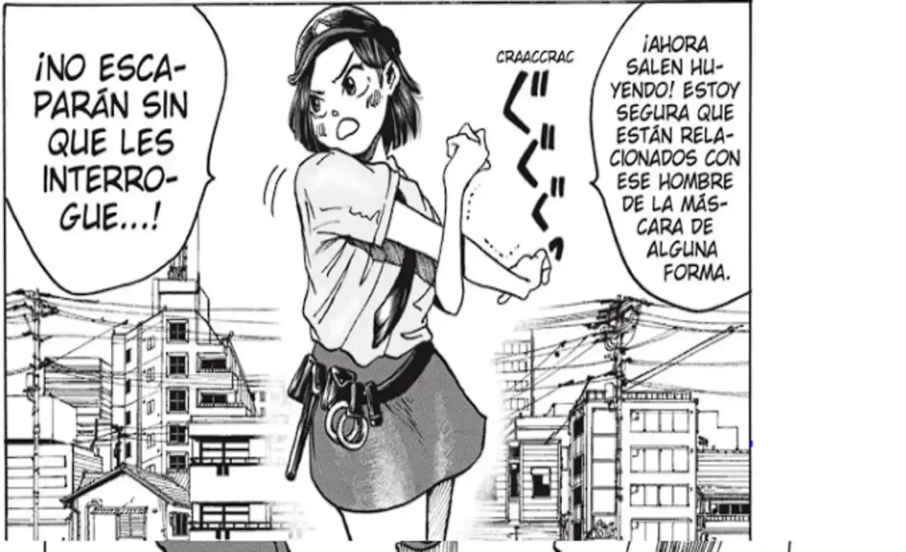 Nakase, la agente de policía de Sakamoto Days, jurando detener a los protagonistas en una viñeta del manga