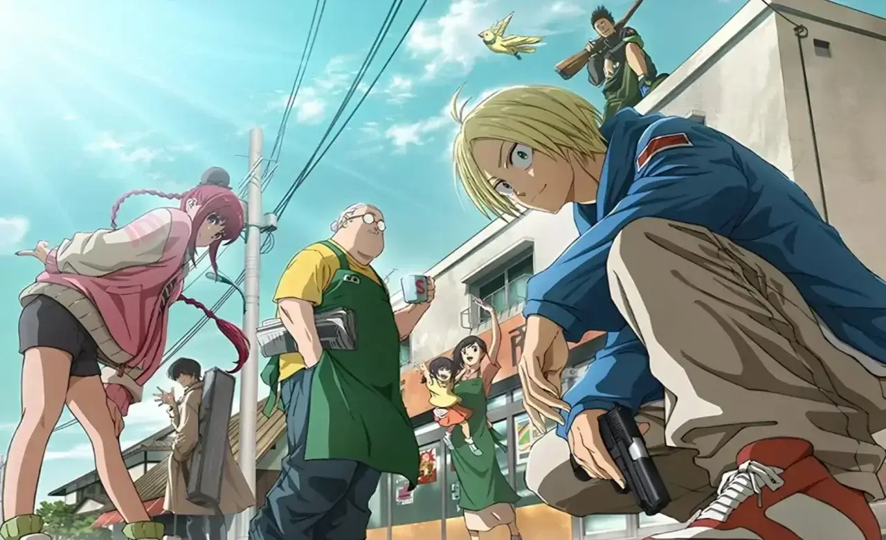El grupo principal de Sakamoto Days frente a la tienda familiar en la temporada 1 del anime