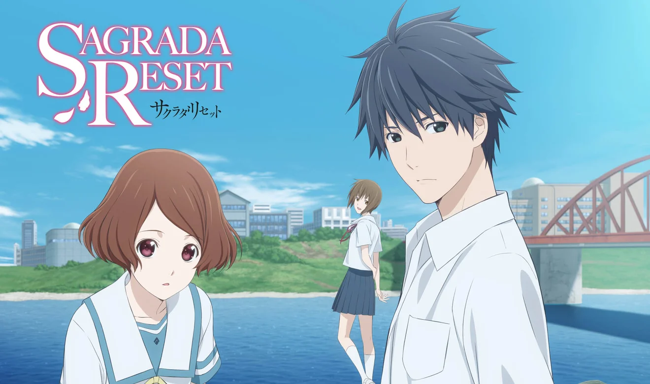 Protagonistas de Sakurada Reset junto al río con el logo del anime en la parte superior