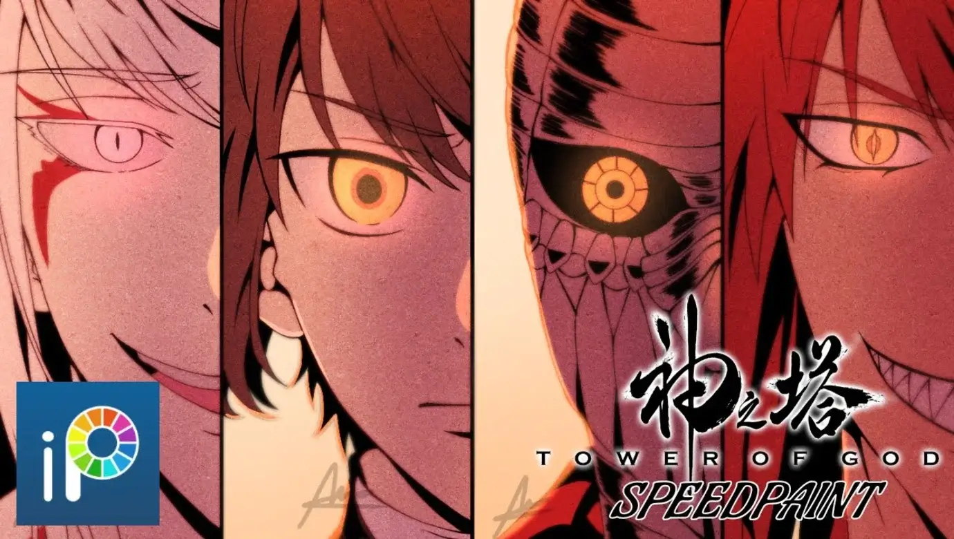 Ilustración de Tower of God con Viole, Bam y miembros de FUG en estilo manhwa