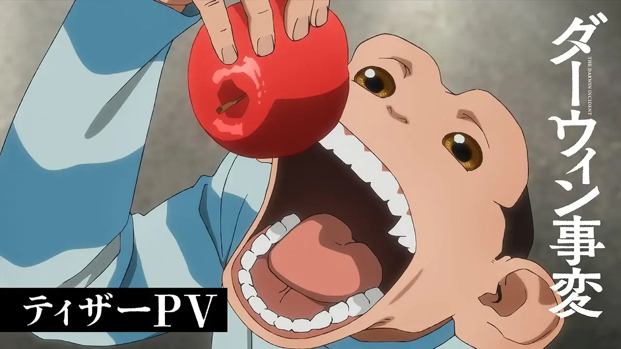 Charlie en The Darwin Incident levantando una manzana roja y abriendo la boca para darle un gran mordisco