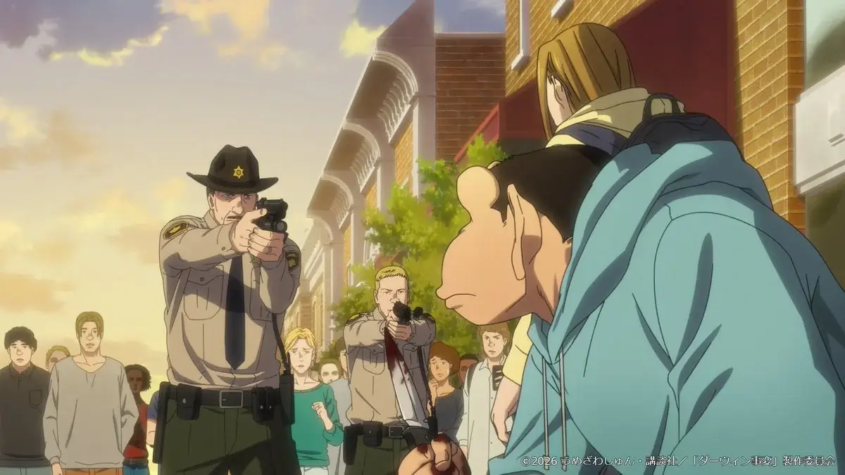 Momento tenso en The Darwin Incident con varios agentes de policía apuntando mientras Charlie observa en medio de una multitud