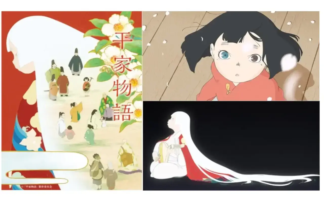Arte promocional de The Heike Story con estilo tradicional japonés y personajes históricos