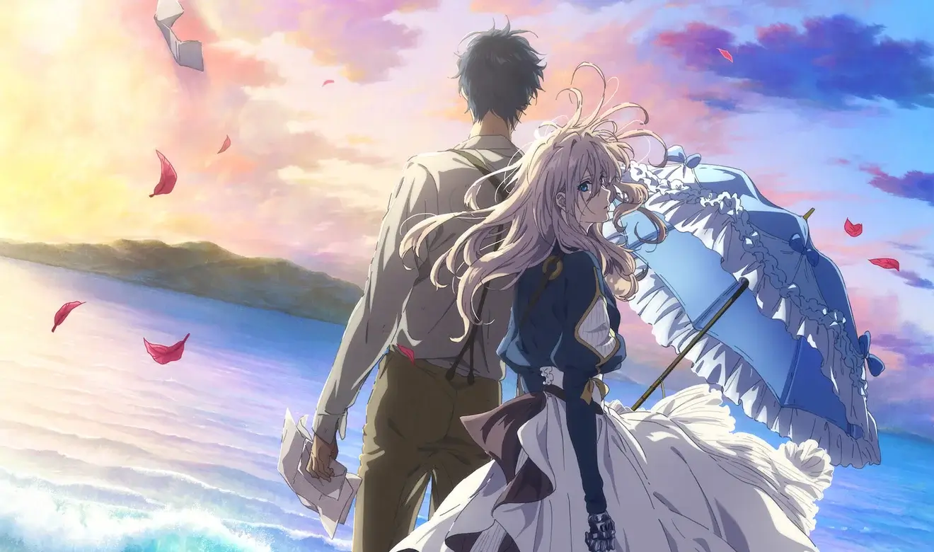 Violet Evergarden y un hombre de espaldas contemplando el mar al atardecer en el emotivo anime dramático de Netflix