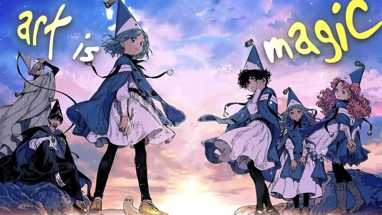 Ilustración color de Witch Hat Atelier con varios aprendices de mago con capa azul y sombrero puntiagudo bajo un cielo al atardecer y el texto “art is magic”.