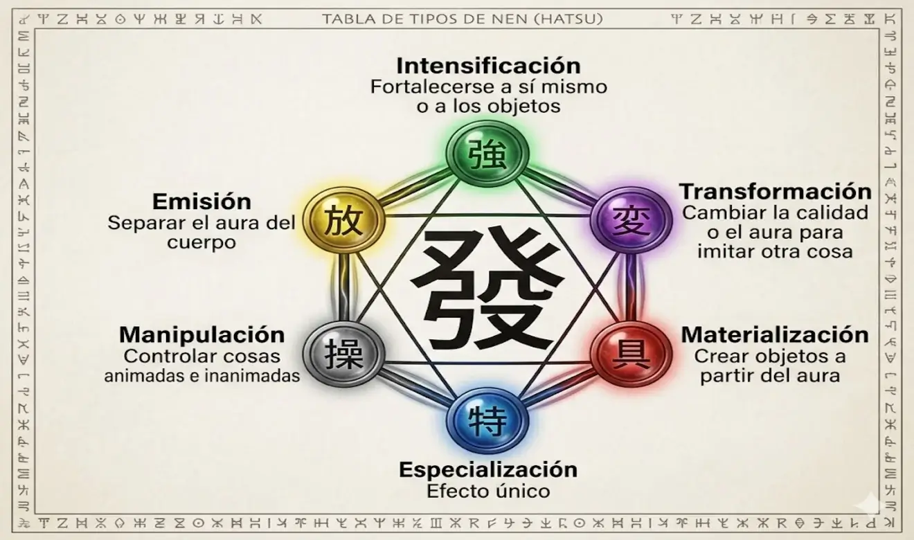 Tabla explicativa de los seis tipos de Nen en Hunter x Hunter: intensificación, emisión, transformación, manipulación, materialización y especialización, conectados en un hexágono de aura.