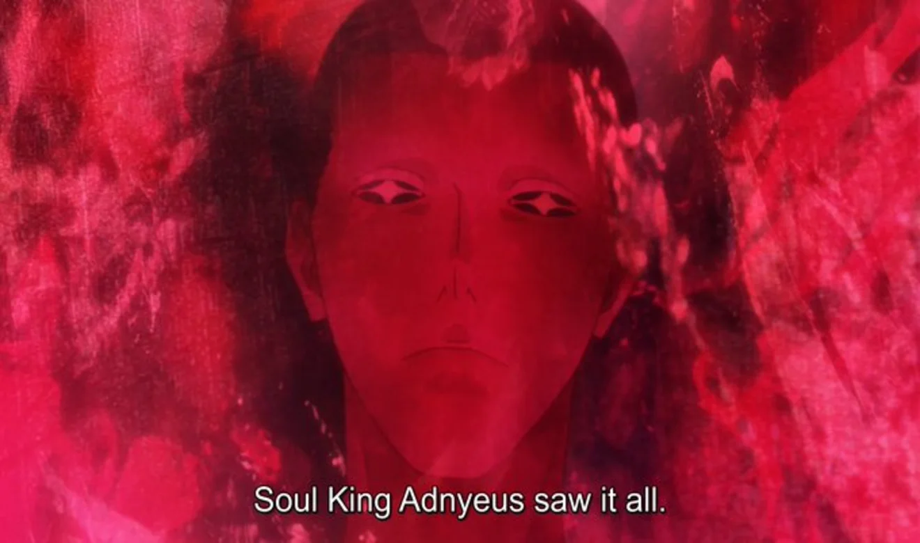 Visión del Rey Espíritu Adnyeus en Bleach con el texto Soul King Adnyeus saw it all