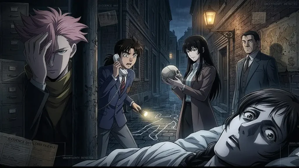 Collage de personajes de animes de misterio y crimen con escena nocturna de investigación