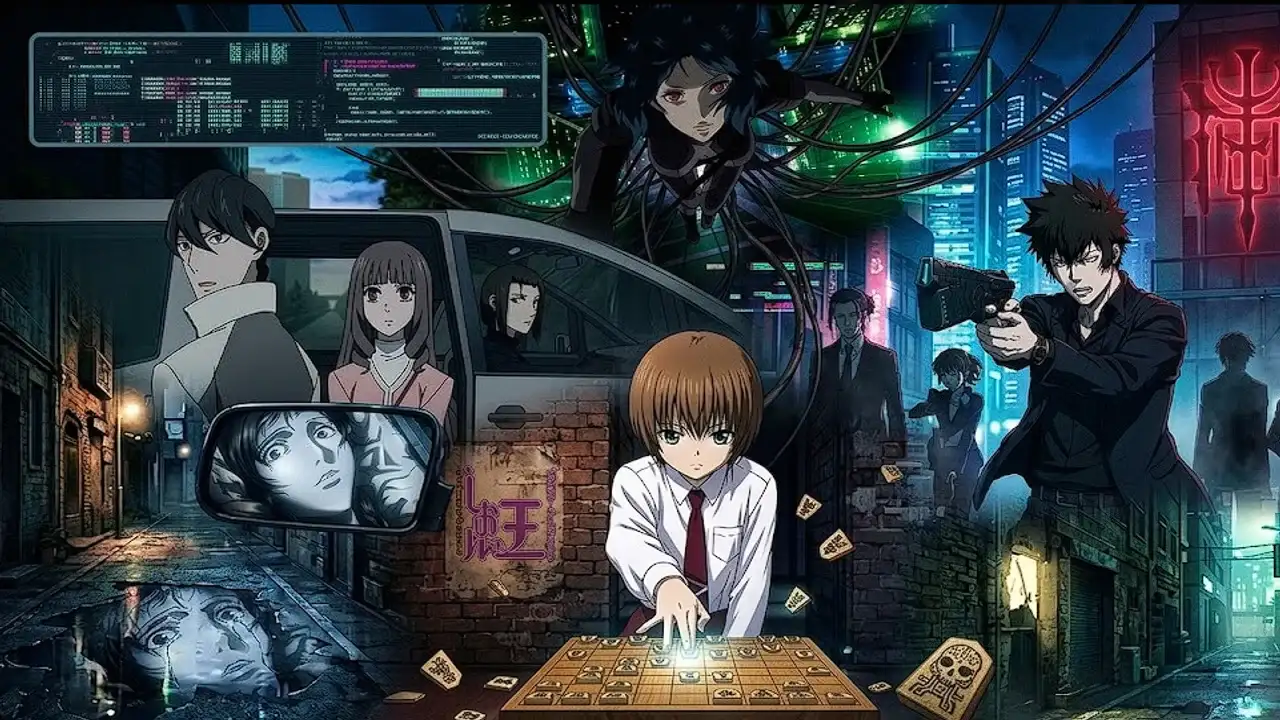 Collage de personajes de animes de misterio y crimen incluyendo Psycho-Pass, Shion no Ou, UN-GO y Mouryou no Hako en escena urbana nocturna