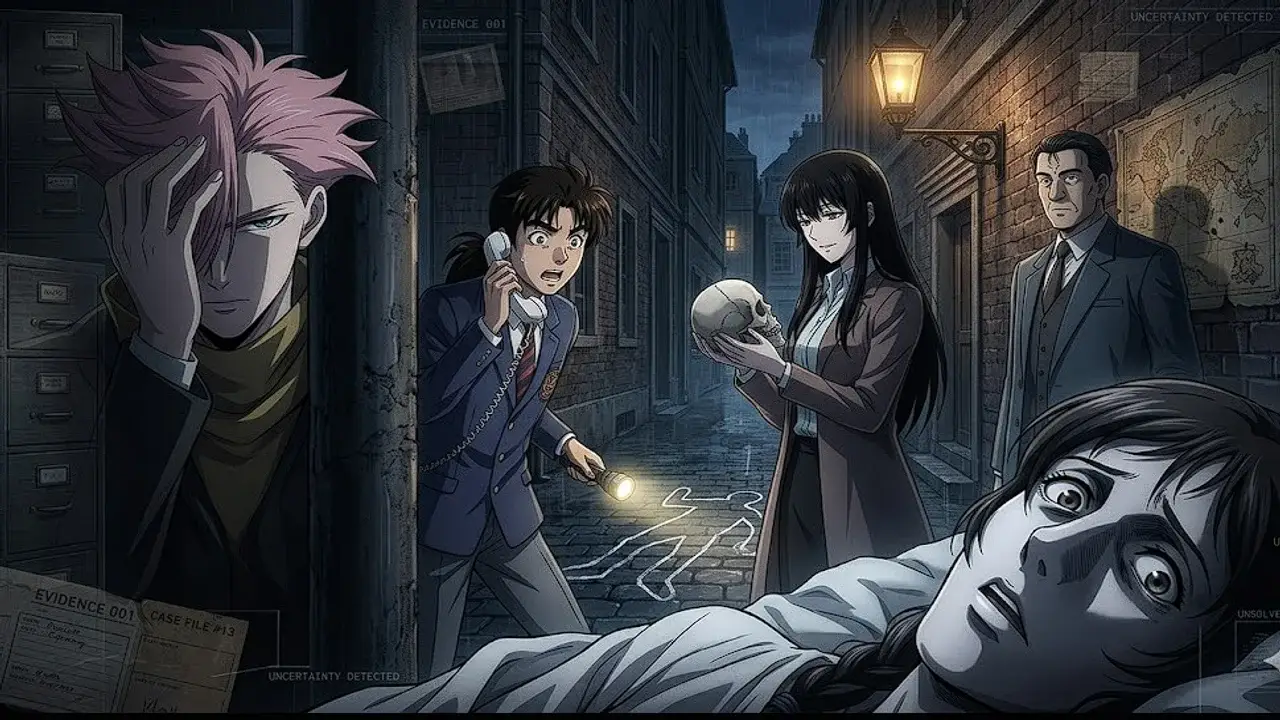 Collage de personajes de animes de misterio y crimen con escena nocturna de investigación