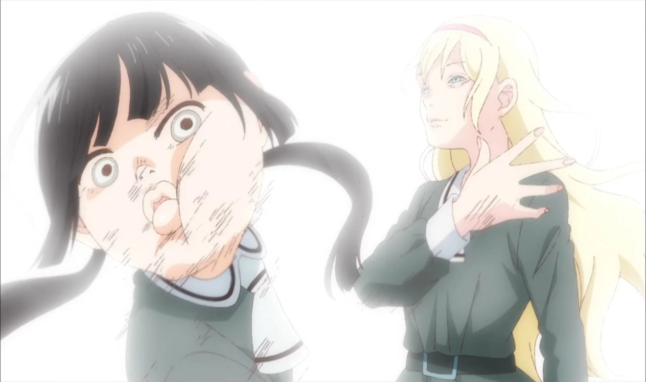 Dos chicas con uniforme escolar en una escena exagerada y brillante del anime de comedia Asobi Asobase