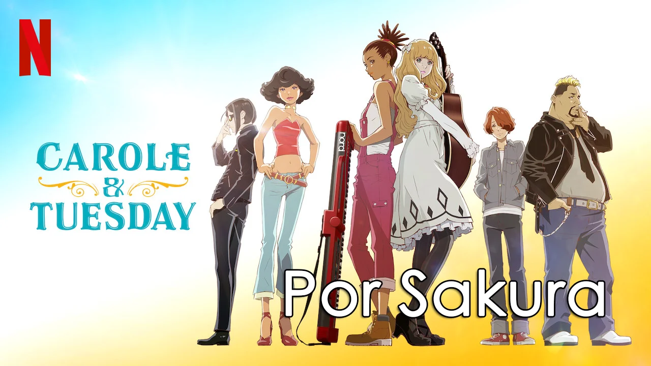 Cartel oficial del anime Carole and Tuesday en Netflix mostrando a las protagonistas con sus instrumentos en Marte
