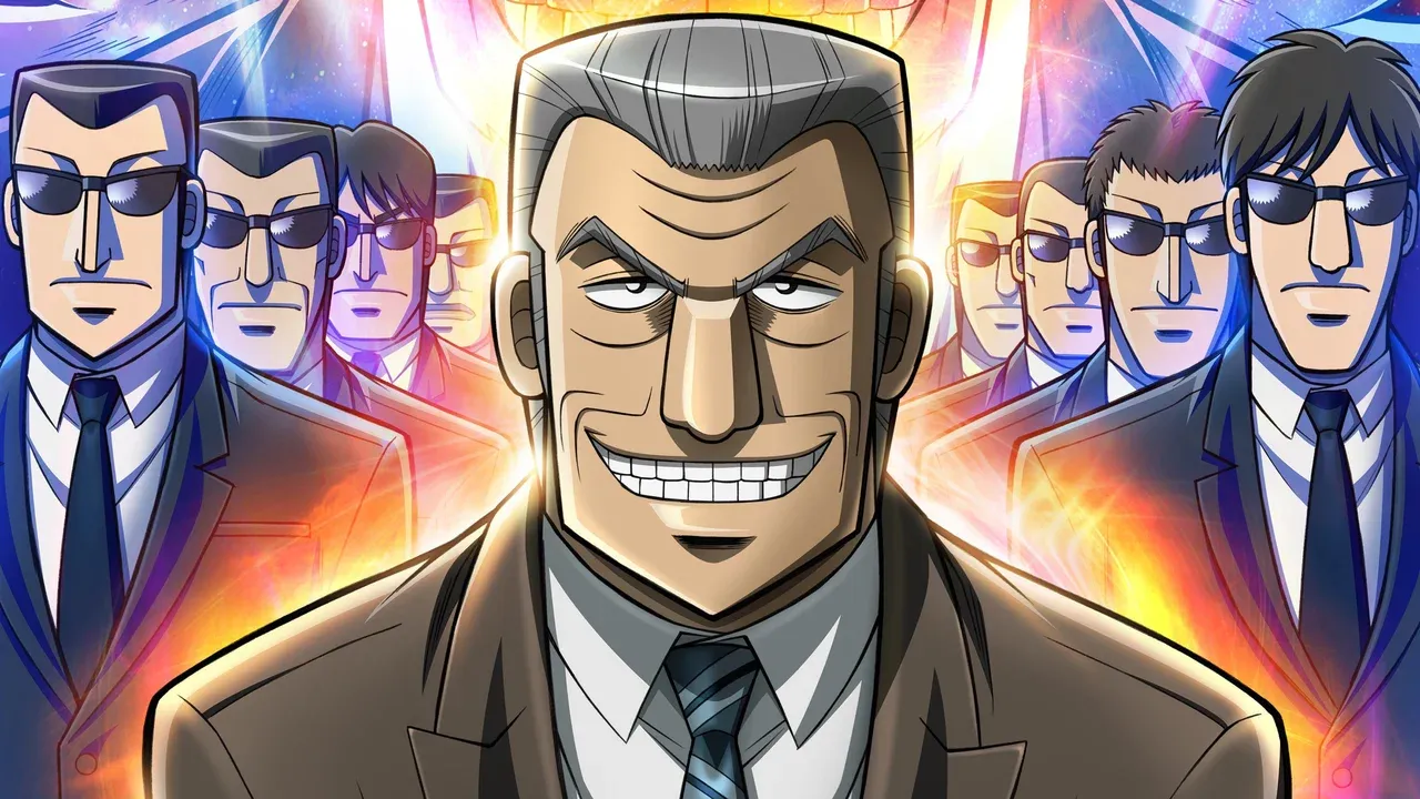 Tonegawa y otros hombres de traje en Chuukan Kanriroku Tonegawa, parodia del estrés directivo en una gran corporación