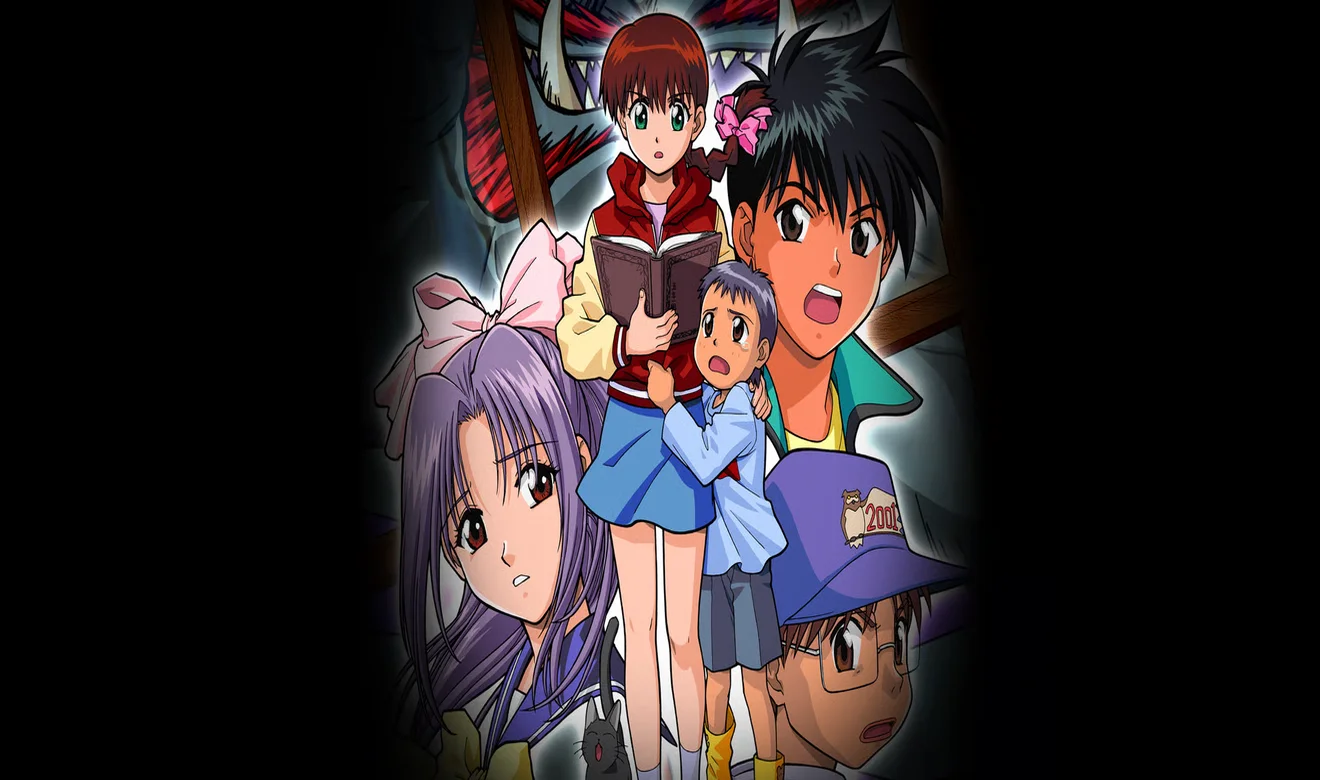 Niños de primaria frente a un fondo oscuro y fantasmal en el anime de terror y comedia Ghost Stories