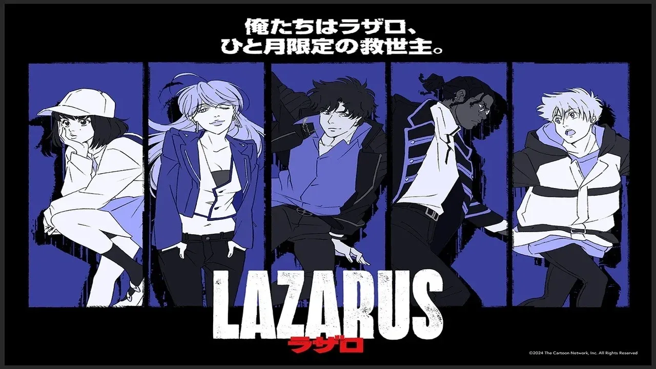 Póster oficial del anime Lazarus con cinco personajes principales en estilo noir sobre fondo azul oscuro