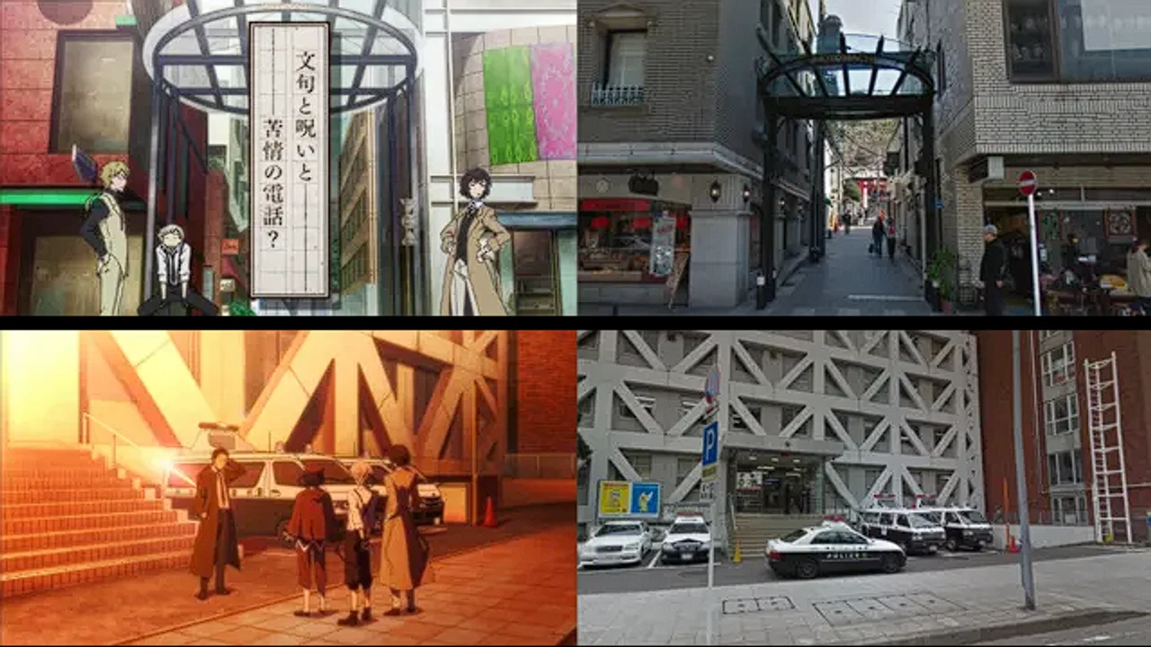 Comparativa entre localizaciones reales de Yokohama y sus versiones animadas en Bungo Stray Dogs, mostrando la galería comercial de Motomachi y la comisaría recreadas milimétricamente por el estudio Bones