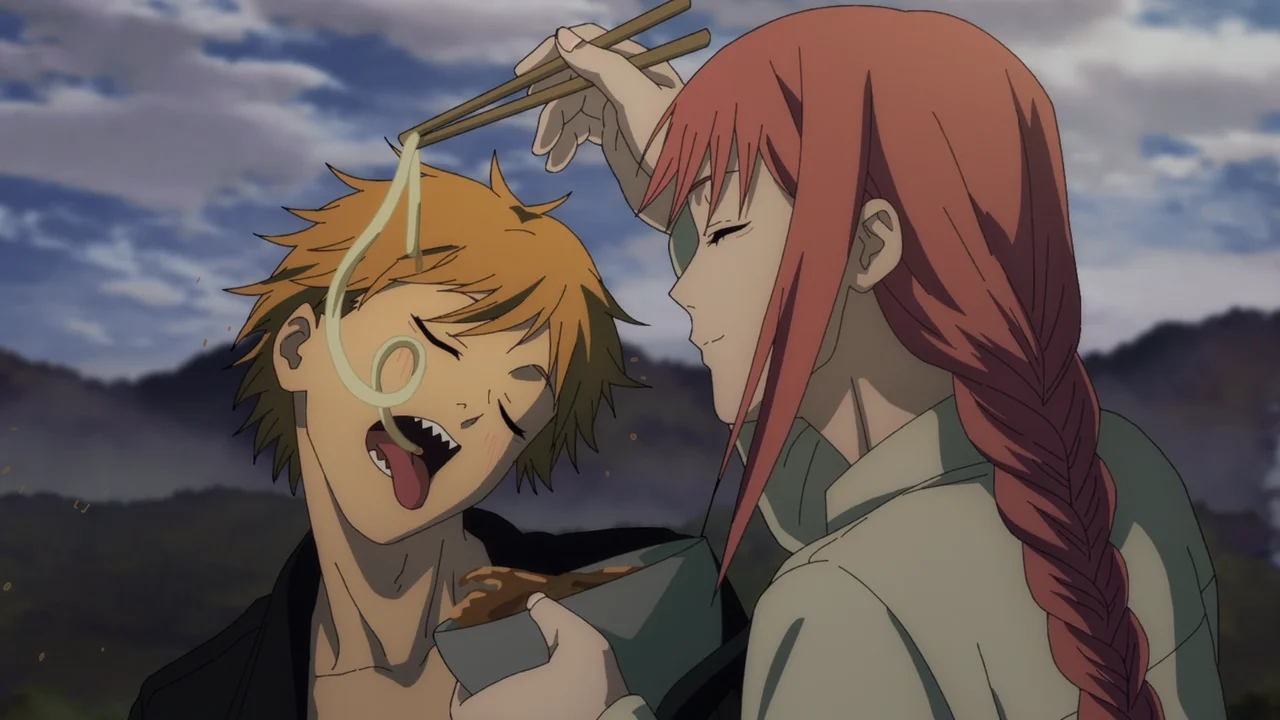 Makima alimentando a Denji con palillos en una escena de Chainsaw Man