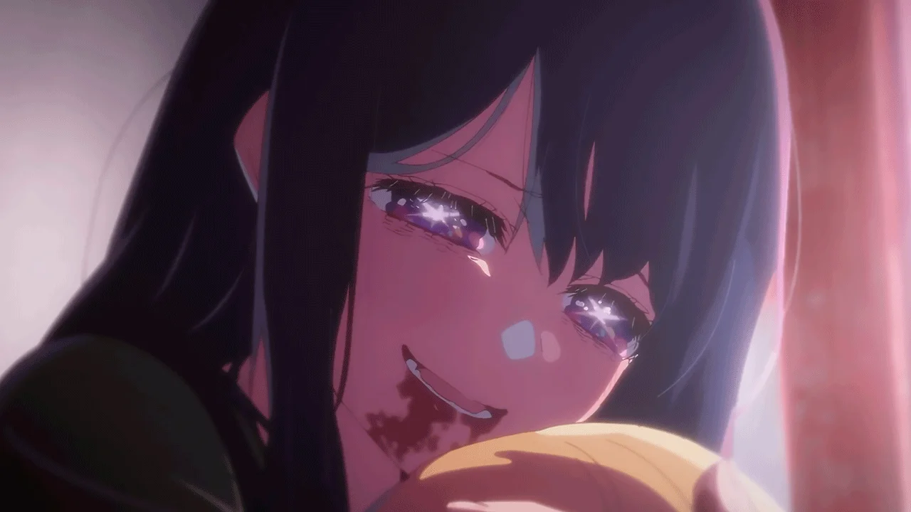 Ai Hoshino sonriendo con sangre en la boca en Oshi no Ko, escena que simboliza el lado oscuro de la industria idol