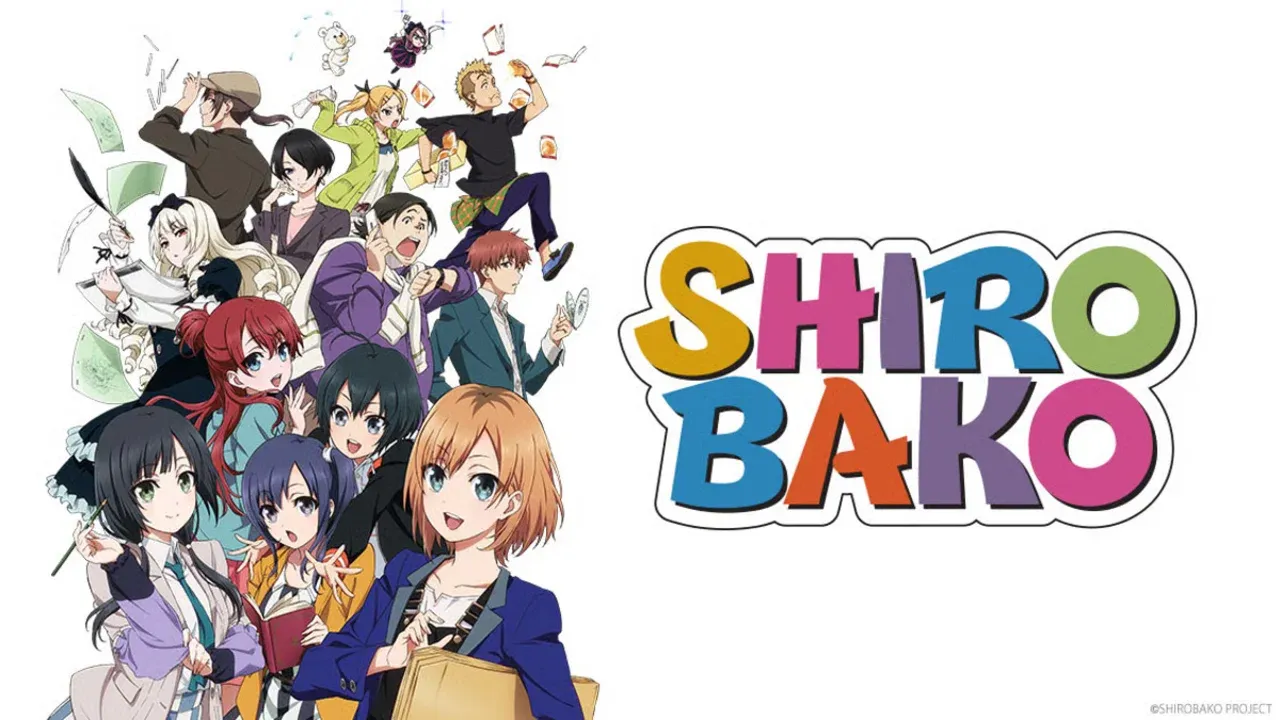 Equipo de producción de anime de Shirobako rodeado de guiones y storyboards junto al logo de la serie