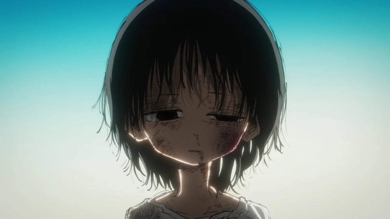Escena del anime Takopi's Original Sin con la protagonista Shizuka con el rostro herido mirando al frente