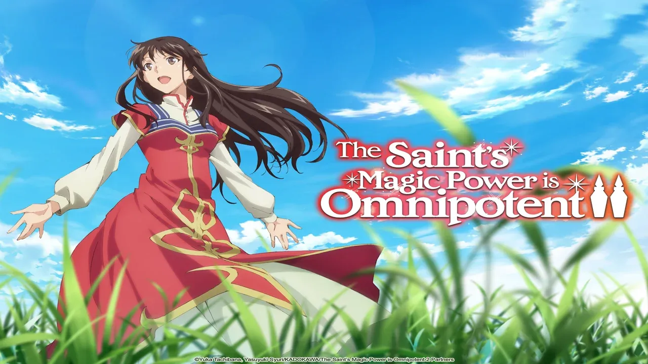 Protagonista de The Saint’s Magic Power is Omnipotent sonriendo en un prado bajo el cielo azul junto al logo del anime