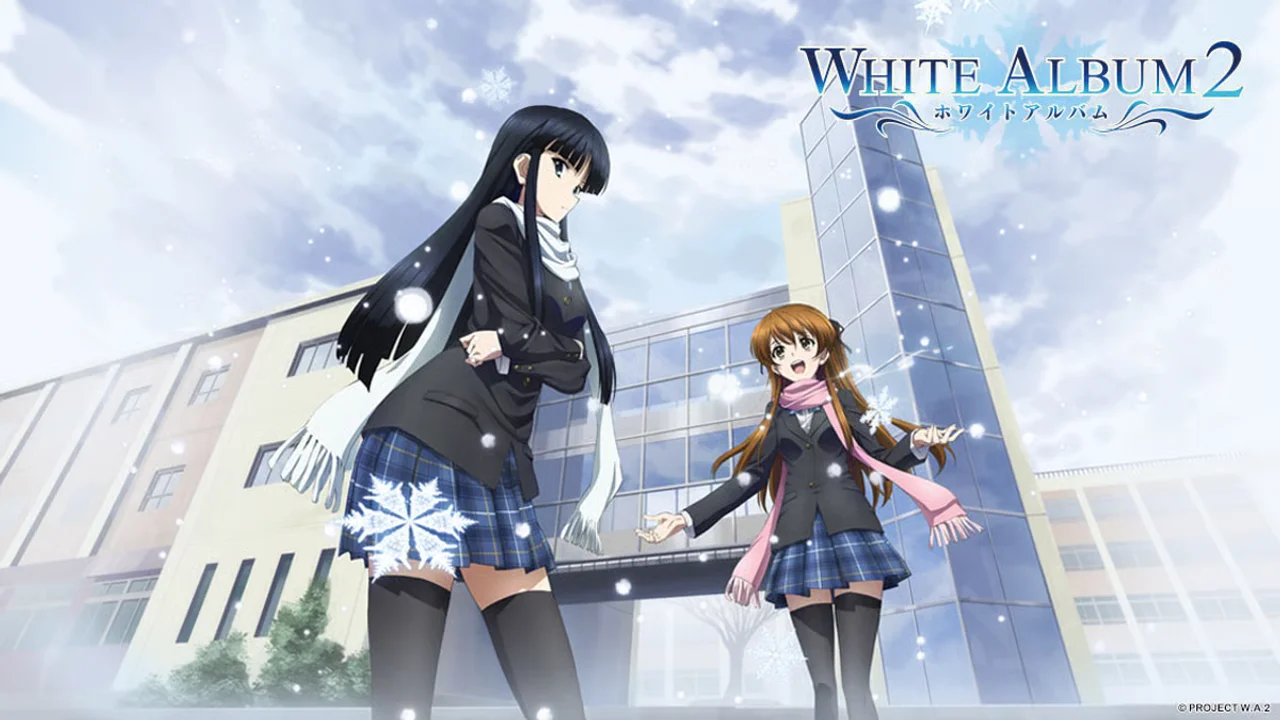 Setsuna y Kazusa frente al colegio en White Album 2, anime de romance y traición donde la música se convierte en arma emocional
