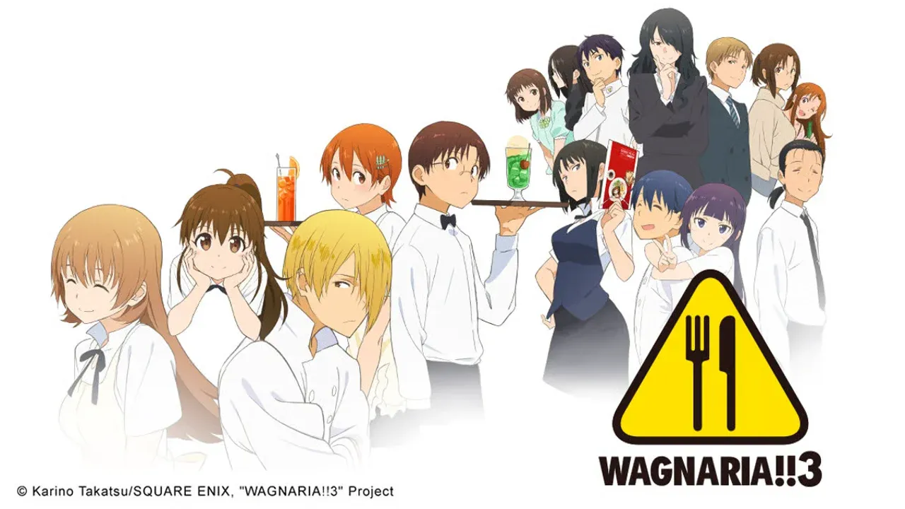 Elenco de Working!! (Wagnaria!!) con camareros y personal del restaurante posando junto al logo de la serie