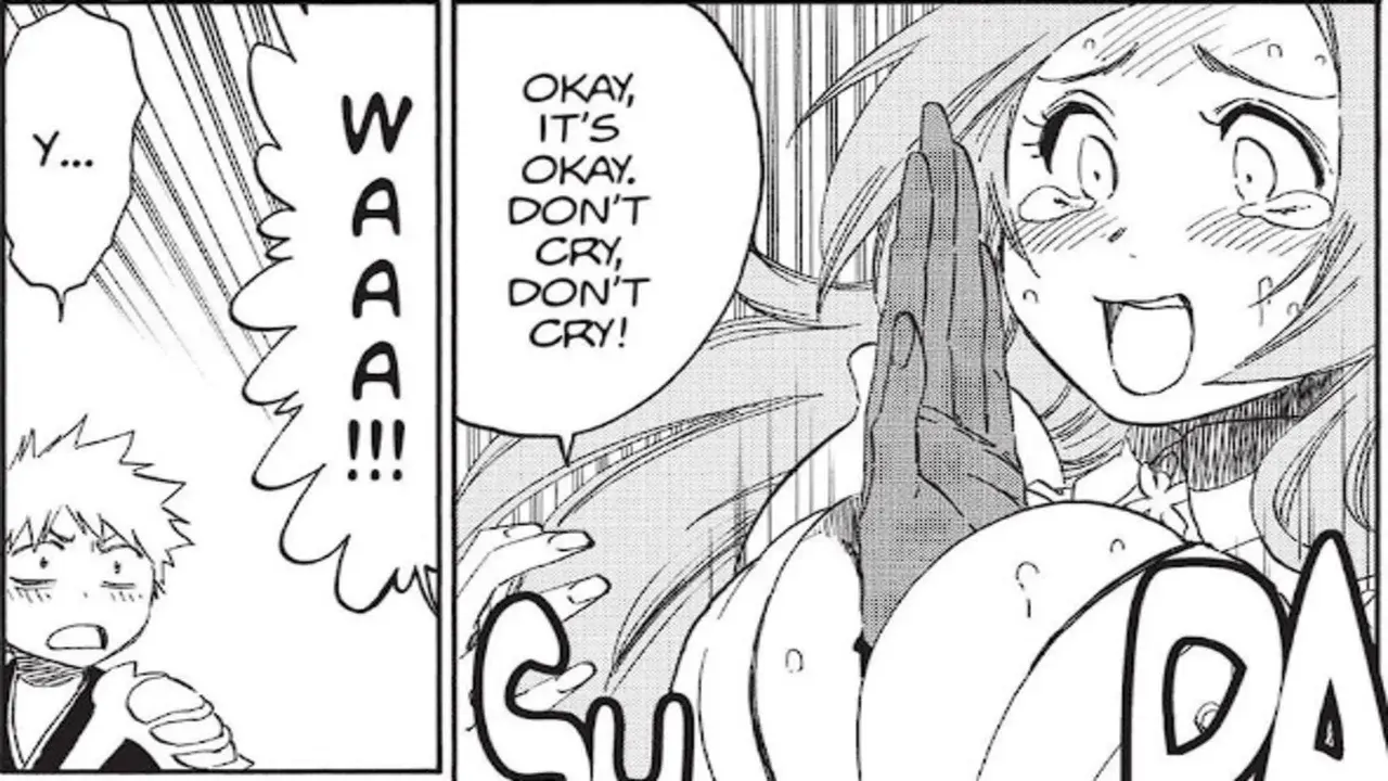 Orihime consolando a Ichigo llorando en el manga de Bleach, escena cómica eliminada en el anime
