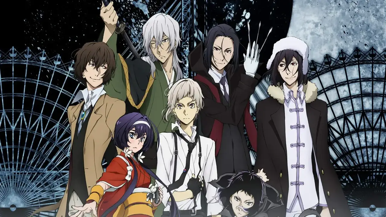 Personajes principales de Bungo Stray Dogs reunidos frente a la noria de Yokohama, incluyendo miembros de la Agencia de Detectives Armados y la Port Mafia