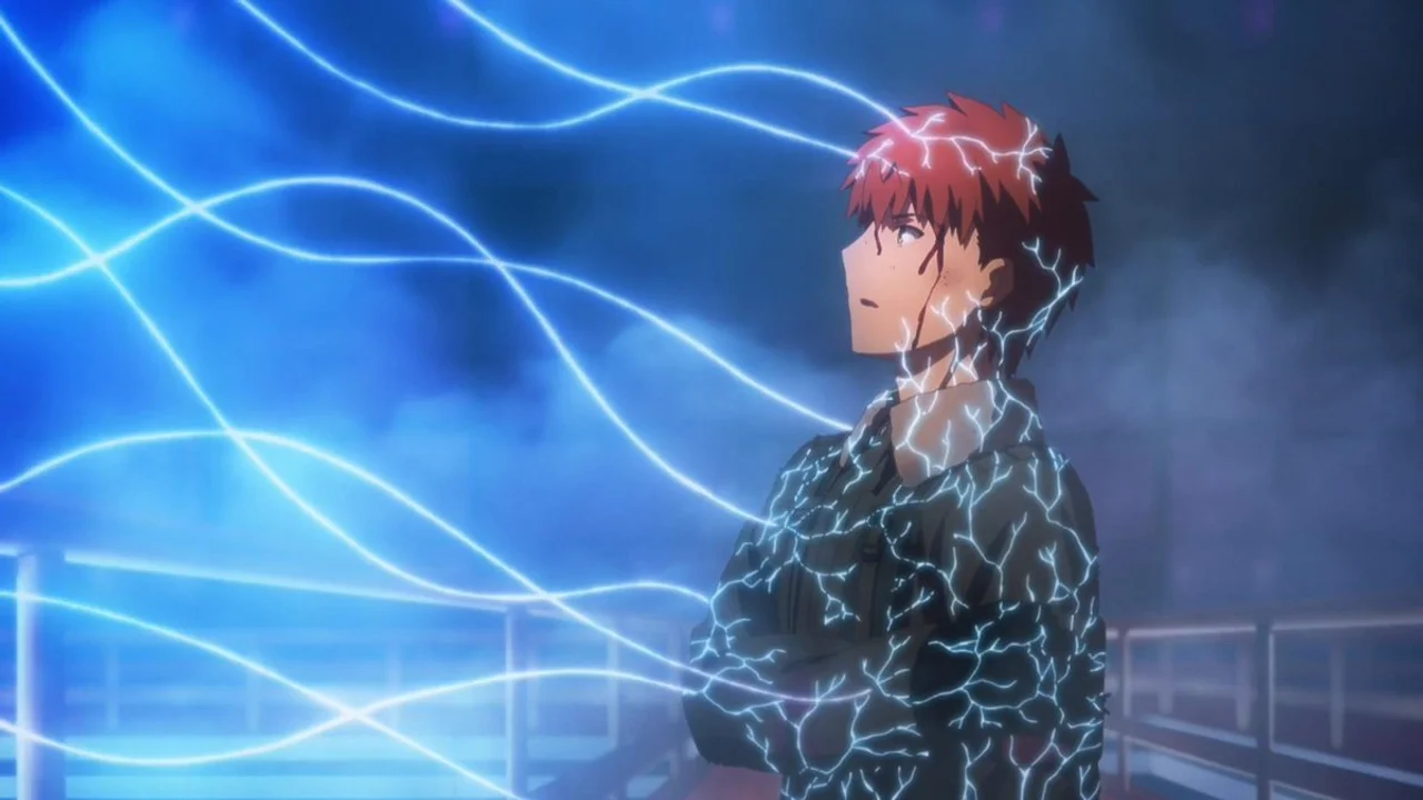 Shirou Emiya activando sus Circuitos Mágicos con rayos de energía recorriendo su cuerpo en Fate/stay night