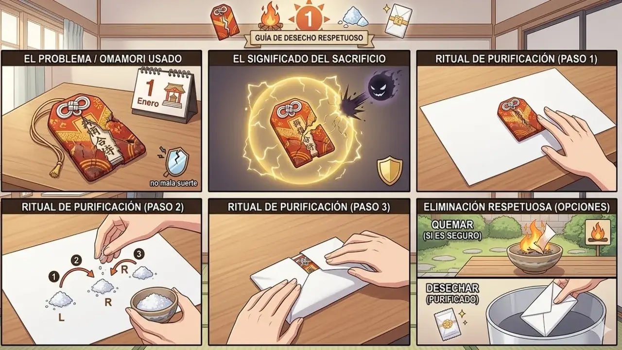 Guía ilustrada paso a paso sobre cómo purificar y desechar correctamente un omamori usado con sal y papel blanco
